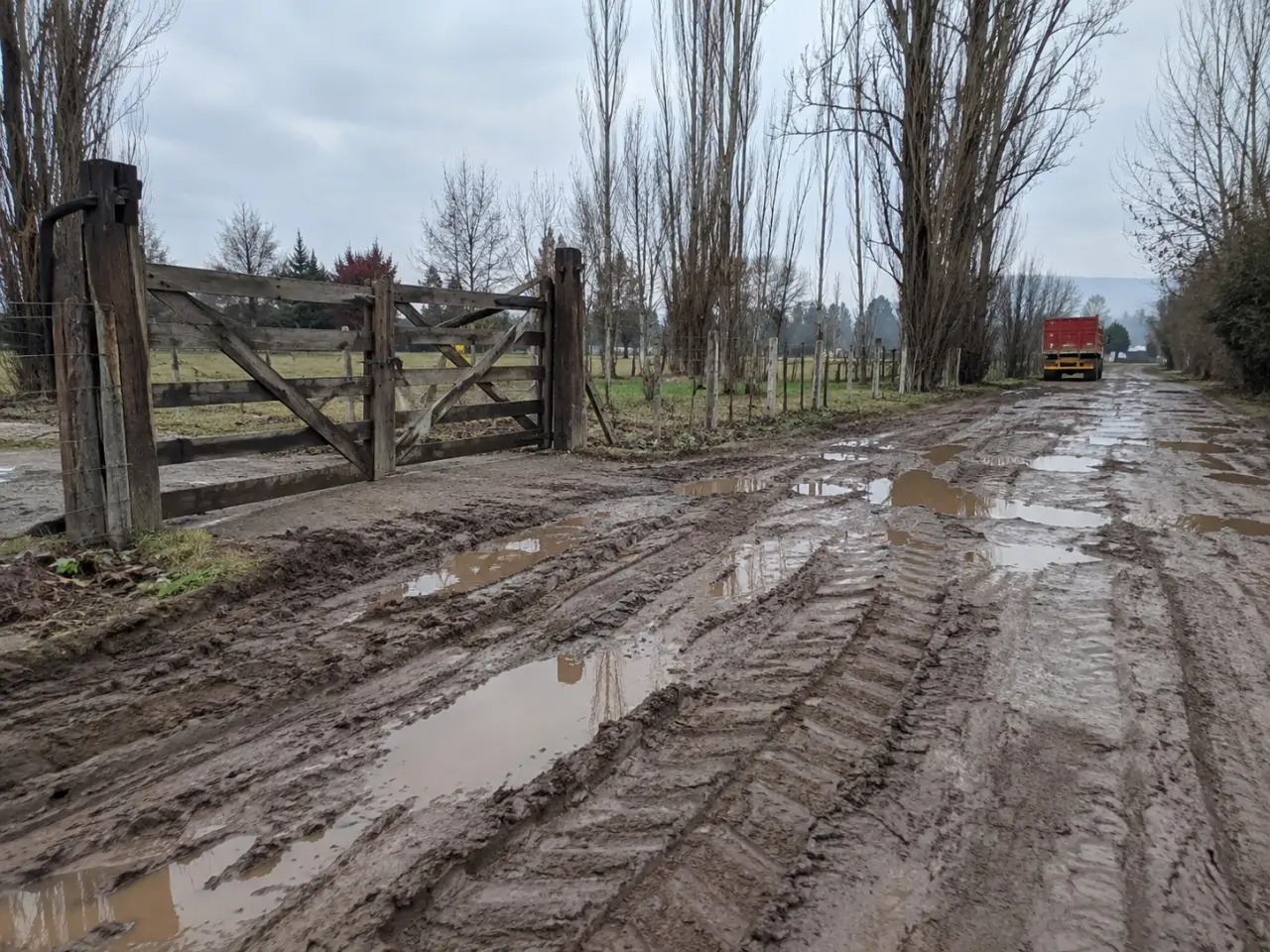 Camino de tierra con barro y huellas profundas frente al portón de una parcela en invierno
