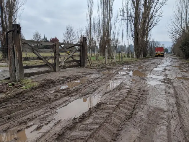 Camino de tierra con barro y huellas profundas frente al portón de una parcela en invierno