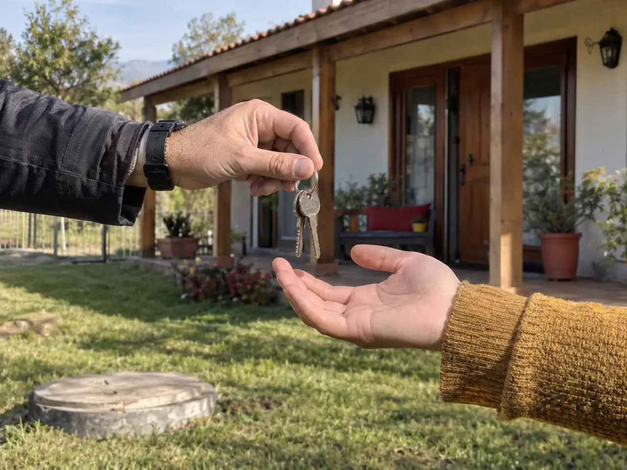 Entrega de llaves frente a una casa de campo, con la tapa de la fosa en el pasto