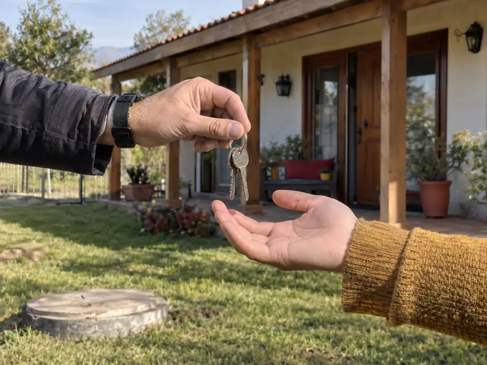 Entrega de llaves frente a una casa de campo, con la tapa de la fosa en el pasto