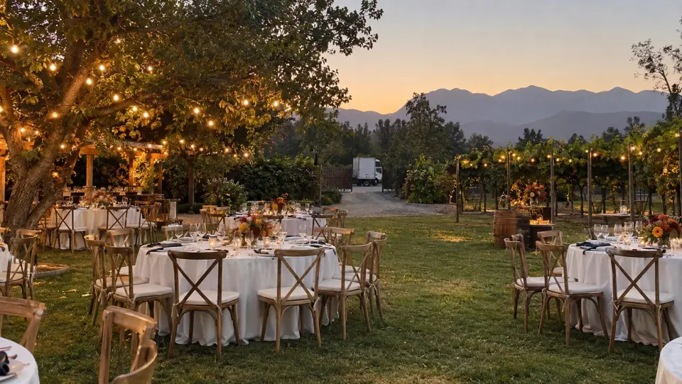 Jardín de una parcela con mesas y guirnaldas de luces listo para un matrimonio al atardecer