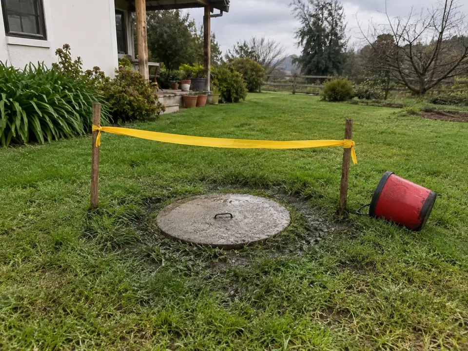 Pasto mojado alrededor de la tapa de una fosa rebalsada, marcado con cinta amarilla